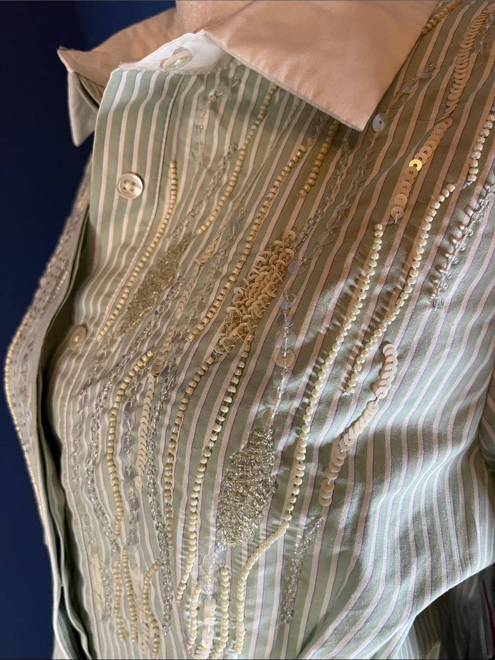 Tuckernuck Corrine, clear bead embellished maxi dress, mint & white pinstripe, - Picture 5 of 14